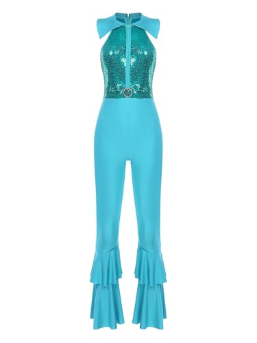 JEATHA Damen Disco Kostüm 70er Jahre Retro Jumpsuit Overall Pailletten Top mit Schlaghose Hippie Rave Outfit Clubwear Mottoparty Tanzkostüm Blau Grün XXL von JEATHA