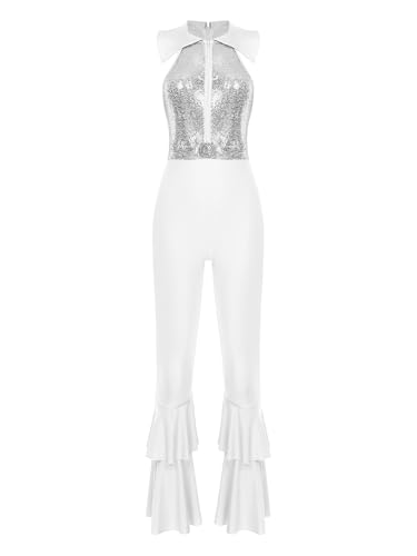 JEATHA Damen Disco Kostüm 70er Jahre Retro Jumpsuit Overall Pailletten Top mit Schlaghose Hippie Rave Outfit Clubwear Mottoparty Tanzkostüm Silber 3XL JEATHA Damen Disco Kostüm 70er Jahre Retro Jumpsuit Overall Pailletten Top mit Schlaghose Hippie Rave Outfit Clubwear Mottoparty Tanzkostüm Silber 3XL von JEATHA