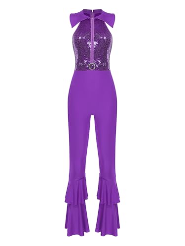 JEATHA Damen Disco Kostüm 70er Jahre Retro Jumpsuit Overall Pailletten Top mit Schlaghose Hippie Rave Outfit Clubwear Mottoparty Tanzkostüm Violett XXL JEATHA Damen Disco Kostüm 70er Jahre Retro Jumpsuit Overall Pailletten Top mit Schlaghose Hippie Rave Outfit Clubwear Mottoparty Tanzkostüm Violett XXL von JEATHA