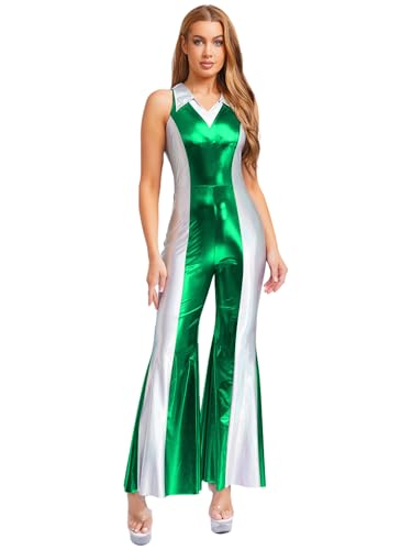 JEATHA Damen Metallic Jumpsuit Ärmellos Ganzkörperanzug mit Schlag Leggings Vintage Retro Hippie Disco Tanz Kostüm Für Karneval Cosplay Party Grün XXL JEATHA Damen Metallic Jumpsuit Ärmellos Ganzkörperanzug mit Schlag Leggings Vintage Retro Hippie Disco Tanz Kostüm Für Karneval Cosplay Party Grün XXL von JEATHA