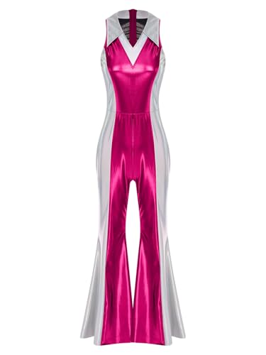 JEATHA Damen Metallic Jumpsuit Ärmellos Ganzkörperanzug mit Schlag Leggings Vintage Retro Hippie Disco Tanz Kostüm Für Karneval Cosplay Party Hot Pink XXL JEATHA Damen Metallic Jumpsuit Ärmellos Ganzkörperanzug mit Schlag Leggings Vintage Retro Hippie Disco Tanz Kostüm Für Karneval Cosplay Party Hot Pink XXL von JEATHA