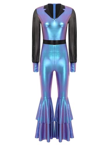JEATHA Damen Retro Metallic Jumpsuit Langarm Ganzkörperanzug mit Schlag Leggings Vintage Hippie Disco Tanz Kostüm Für Karneval Cosplay Party Farbverlauf Blau XXL JEATHA Damen Retro Metallic Jumpsuit Langarm Ganzkörperanzug mit Schlag Leggings Vintage Hippie Disco Tanz Kostüm Für Karneval Cosplay Party Farbverlauf Blau XXL von JEATHA