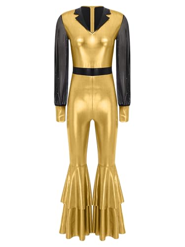 JEATHA Damen Retro Metallic Jumpsuit Langarm Ganzkörperanzug mit Schlag Leggings Vintage Hippie Disco Tanz Kostüm Für Karneval Cosplay Party Gold XXL JEATHA Damen Retro Metallic Jumpsuit Langarm Ganzkörperanzug mit Schlag Leggings Vintage Hippie Disco Tanz Kostüm Für Karneval Cosplay Party Gold XXL von JEATHA