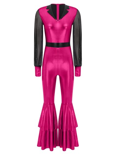 JEATHA Damen Retro Metallic Jumpsuit Langarm Ganzkörperanzug mit Schlag Leggings Vintage Hippie Disco Tanz Kostüm Für Karneval Cosplay Party Hot Pink XXL JEATHA Damen Retro Metallic Jumpsuit Langarm Ganzkörperanzug mit Schlag Leggings Vintage Hippie Disco Tanz Kostüm Für Karneval Cosplay Party Hot Pink XXL von JEATHA