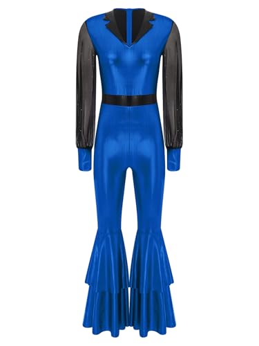 JEATHA Damen Retro Metallic Jumpsuit Langarm Ganzkörperanzug mit Schlag Leggings Vintage Hippie Disco Tanz Kostüm Für Karneval Cosplay Party Königsblau XL JEATHA Damen Retro Metallic Jumpsuit Langarm Ganzkörperanzug mit Schlag Leggings Vintage Hippie Disco Tanz Kostüm Für Karneval Cosplay Party Königsblau XL von JEATHA