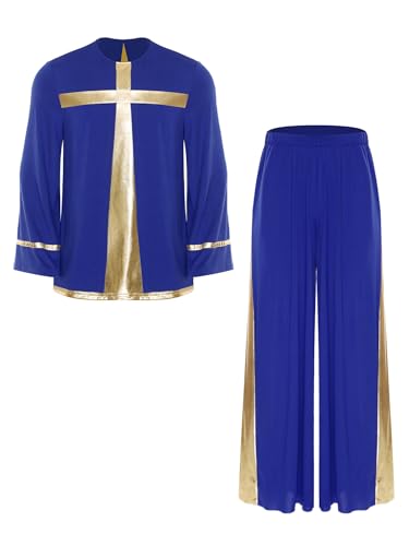 JEATHA Herren Anbetung Lob Tanz Outfit Langarm Metallic Tunikashirt Mit Weiten Beinen Hosen Lobpreis Kirche Chor Auftritt Tanzkostüm Königsblau L JEATHA Herren Anbetung Lob Tanz Outfit Langarm Metallic Tunikashirt Mit Weiten Beinen Hosen Lobpreis Kirche Chor Auftritt Tanzkostüm Königsblau L von JEATHA
