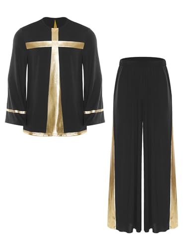 JEATHA Herren Anbetung Lob Tanz Outfit Langarm Metallic Tunikashirt Mit Weiten Beinen Hosen Lobpreis Kirche Chor Auftritt Tanzkostüm Schwarz XL JEATHA Herren Anbetung Lob Tanz Outfit Langarm Metallic Tunikashirt Mit Weiten Beinen Hosen Lobpreis Kirche Chor Auftritt Tanzkostüm Schwarz XL von JEATHA