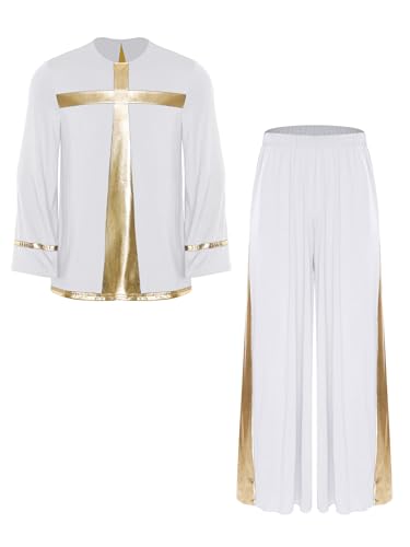 JEATHA Herren Anbetung Lob Tanz Outfit Langarm Metallic Tunikashirt Mit Weiten Beinen Hosen Lobpreis Kirche Chor Auftritt Tanzkostüm Weiß XL JEATHA Herren Anbetung Lob Tanz Outfit Langarm Metallic Tunikashirt Mit Weiten Beinen Hosen Lobpreis Kirche Chor Auftritt Tanzkostüm Weiß XL von JEATHA