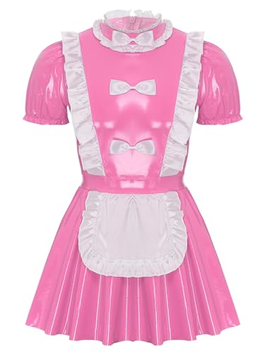 JEATHA Herren Sissy Maid Kleid A-Linie Kleid Naughty Maid Dienstmädchen Kostüm Lackleder Minikleid Maid Uniform Clubwear Rosa XL von JEATHA