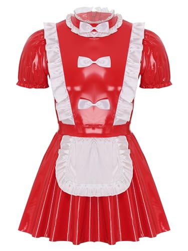 JEATHA Herren Sissy Maid Kleid A-Linie Kleid Naughty Maid Dienstmädchen Kostüm Lackleder Minikleid Maid Uniform Clubwear Rot 3XL von JEATHA