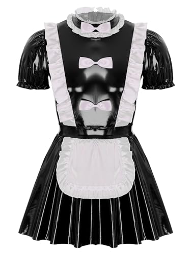 JEATHA Herren Sissy Maid Kleid A-Linie Kleid Naughty Maid Dienstmädchen Kostüm Lackleder Minikleid Maid Uniform Clubwear Schwarz 3XL von JEATHA
