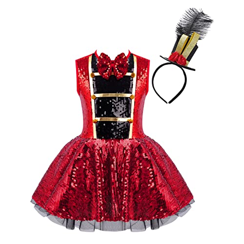 JEATHA Mädchen Zirkus Ringmaster Kostüm Pailletten Zirkusdirektor Kleid mit Feder Mini Zylinder Faschingskostüme für Halloween Karneval Party Cosplay A Rot 152 JEATHA Mädchen Zirkus Ringmaster Kostüm Pailletten Zirkusdirektor Kleid mit Feder Mini Zylinder Faschingskostüme für Halloween Karneval Party Cosplay A Rot 152 von JEATHA