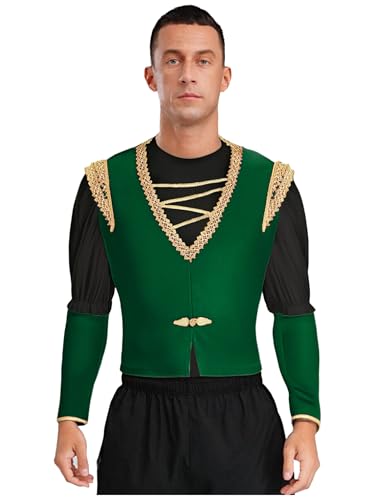 JEATHA Männer Ballett Prinz Tanzkostüm Velvet Unterhemd mit Goldbesatz Weste Mittelalter Tanzauftritt Cosplay Halloween Verkleidung Schwarz Grün XXL von JEATHA