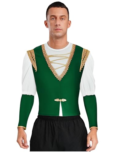 JEATHA Männer Ballett Prinz Tanzkostüm Velvet Unterhemd mit Goldbesatz Weste Mittelalter Tanzauftritt Cosplay Halloween Verkleidung Weiß Grün XXL von JEATHA