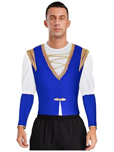 JEATHA Männer Ballett Prinz Tanzkostüm Velvet Unterhemd mit Goldbesatz Weste Mittelalter Tanzauftritt Cosplay Halloween Verkleidung Weiß Königsblau XXL von JEATHA