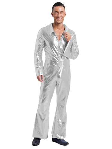 JEATHA Metallic Herren Disco Glänzende Jumpsuit 70er 80er Disco Overall Ganzanzug Festival Bodysuit Performance Fasching Mottoparty Outfit Silber XXL JEATHA Metallic Herren Disco Glänzende Jumpsuit 70er 80er Disco Overall Ganzanzug Festival Bodysuit Performance Fasching Mottoparty Outfit Silber XXL von JEATHA