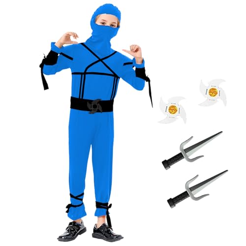 JEEK Kinder Ninja Kostüme Fancy Ninja Kostüm Set Halloween Ninjas Bodysuit mit Zubehör(Kinder-M-6/7T Blau) von JEEK