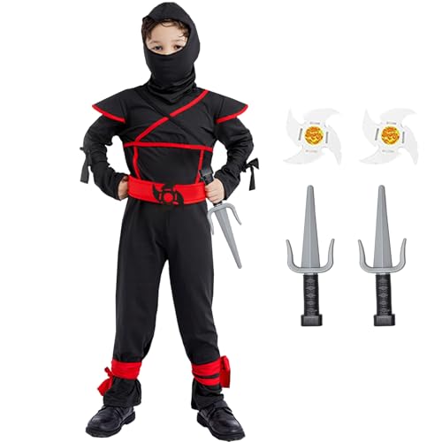 JEEK Kinder Ninja Kostüme Fancy Ninja Kostüm Set Halloween Ninjas Bodysuit mit Zubehör(Kinder-M-6/7T Schwarz) von JEEK
