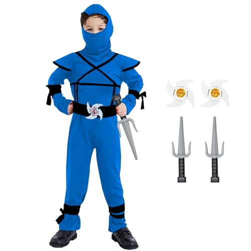 JEEK Kinder Ninja Kostüme Fancy Ninja Kostüm Set Halloween Ninjas Bodysuit mit Zubehör(Kinder-XL-10/12T Blau) von JEEK