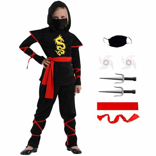 JEEK Mädchen Ninja Kostüme Drachen Ninja Kostüm Set Mädchen Ninjas Anzug für Halloween Party(Kinder-S-4/5T Schwarz) von JEEK