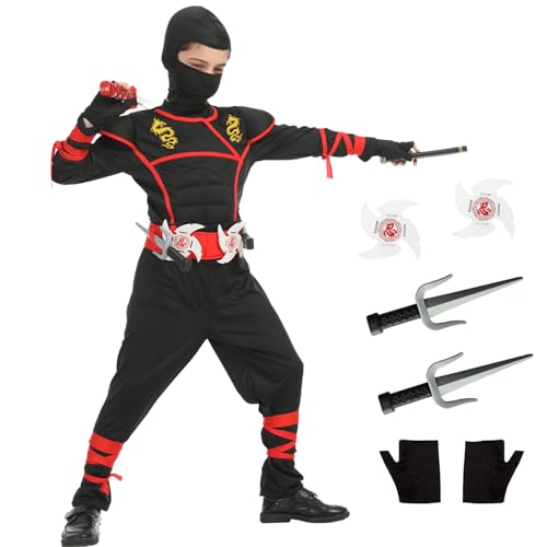 JEEK Kinder Ninja Kostüme Set Halloween Ninja Kostüm für Jungen Deluxe Ninjas Cosplay Spielzeug für Halloween Party(Kinder-L-8/9T Schwarz) von JEEK