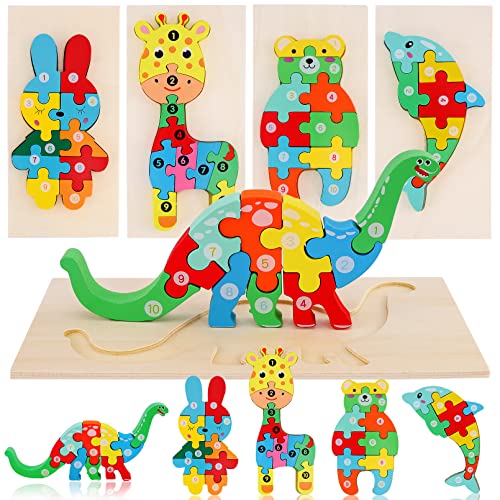JEFFOUOO 5 Stück Holzpuzzle für Kleinkinder,Montessori-Spielzeug für Kinder,3D Kinder Steckpuzzle Holz ab 2 3 4 Jahren,Lernendes Pädagogisches Holzpuzzle Spielzeug Geschenk für Jungen Mädchen von JEFFOUOO