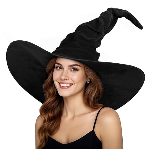 JEGERMIG Damen Maskerade gerüschter Hexenhut übergroße Hexen Samt Hüte breite Krempe Party Halloween Zubehör, Schwarz/58,4 cm-2, 23in von JEGERMIG