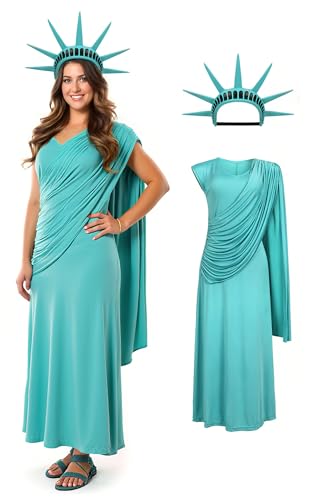 JEGERMIG Freiheitsstatue griechische Göttin Kostüm, weißes langes Kleid, Halloween-Cosplay-Outfit, Blau, Medium von JEGERMIG