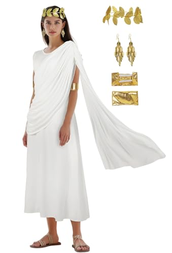 JEGERMIG Freiheitsstatue griechische Göttin Kostüm, weißes langes Kleid, Halloween-Cosplay-Outfit, Weiss/opulenter Garten, L von JEGERMIG