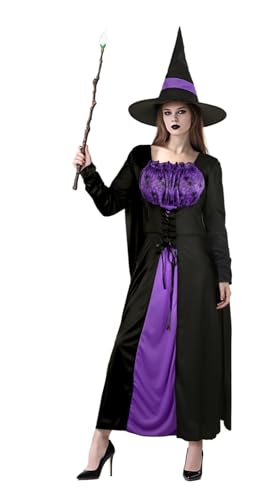 JEGERMIG Halloween-Kleid für Damen, böse Hexe, Gothic, Mittelalter, Renaissance, langärmelig, mit schwarz-violettem Hut von JEGERMIG