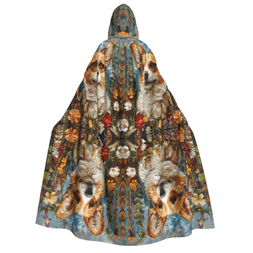 JEJEA Corgi Kapuzenumhang mit Blumenmuster, Frühlingsgarten, Halloween, Unisex, für Cosplay, Weihnachten, Party, Gastgeschenke, Hexen-Outfits von JEJEA