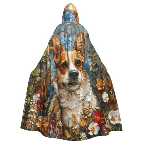 JEJEA Corgi Kapuzenumhang mit Blumenmuster, Frühlingsgarten, Hexen-Zauberer, Kapuzenumhang, Erwachsenen-Halloween-Partyumhang, für Hexe, Vampir, Cosplay-Kostüm von JEJEA
