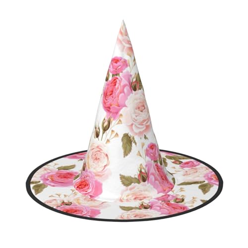 JEJEA Großer Hexenhut für Damen, Blumen-Rose, rosa Druck, Hexenhut, Hexenhut, Halloween, Cosplay, Party-Zubehör von JEJEA