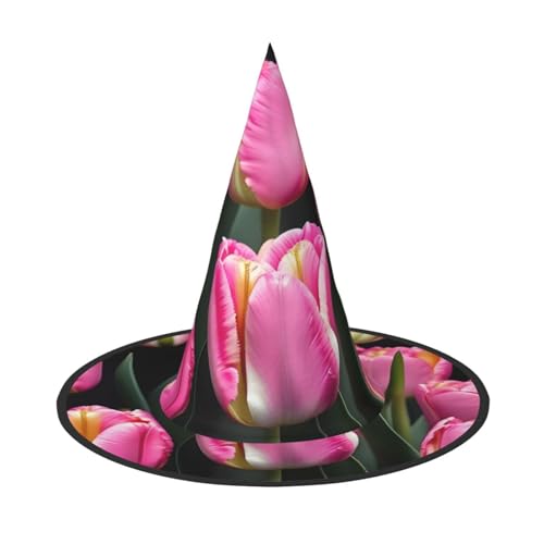 JEJEA Großer Hexenhut für Damen, rosa und Tulpen, Hexenhut, Hexenhut, Halloween, Cosplay, Party-Zubehör von JEJEA