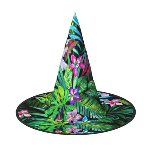 JEJEA Großer Hexenhut mit buntem tropischem Blatt-Druck, Hexenhut, Hexenhut, Halloween, Cosplay, Party-Zubehör von JEJEA