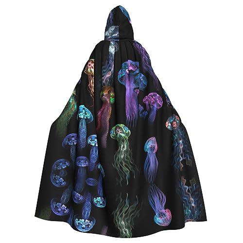 JEJEA Kapuzenumhang mit buntem Quallen-Druck, Uni, Renaissance-Umhang, langer Umhang für Halloween, Cosplay-Kostüme von JEJEA