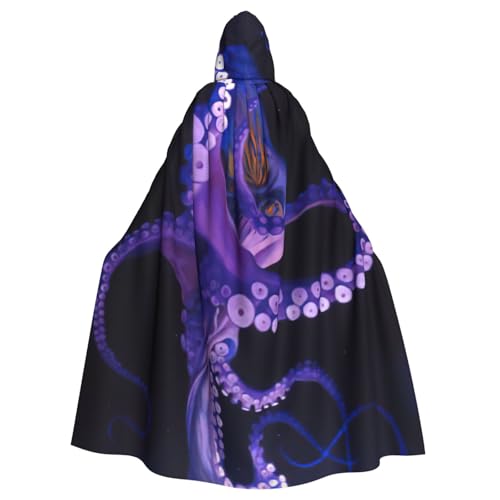 JEJEA Lila Oktopus-Druck Hexe Zauberer Kapuzenumhang Erwachsene Halloween Party Umhang für Hexe Vampir Cosplay Kostüm von JEJEA