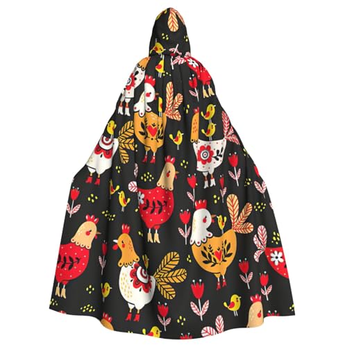JEJEA Niedlicher Hahn-Hühner-Druck, Hexen-Zauberer, Kapuzenumhang, Erwachsenen-Halloween-Partyumhang, für Hexe, Vampir, Cosplay-Kostüm von JEJEA