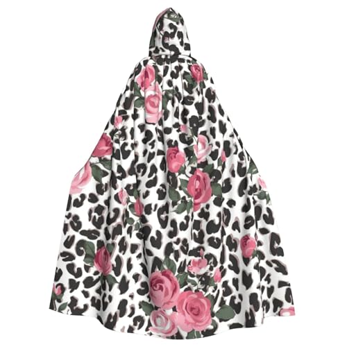 JEJEA Niedlicher rosafarbener Rosen-Mix Leopardenmuster Druck Hexe Zauberer Kapuzenumhang Erwachsene Halloween Party Umhang für Hexe Vampir Cosplay Kostüm von JEJEA