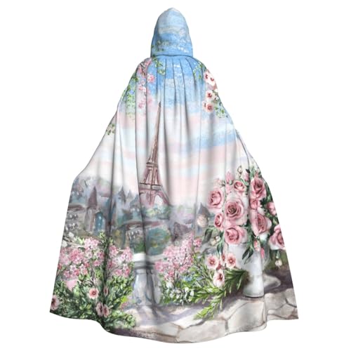 JEJEA Paris Eiffelturm mit Blumendruck Hexe Zauberer Kapuzenumhang Erwachsene Halloween Party Umhang für Hexe Vampir Cosplay Kostüm von JEJEA