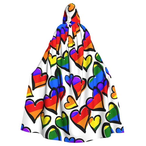 JEJEA Regenbogenfarbener Gay-Pride-Herz-Druck, Hexen-Zauberer-Kapuzenumhang, Erwachsenen-Halloween-Partyumhang, für Hexe, Vampir, Cosplay-Kostüm von JEJEA