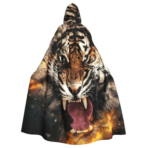 JEJEA Roaring Tiger Print Witch Wizard Hooded Cloak, Adult Halloween Party Cape, For Witch Vampire Cosplay Costume von JEJEA