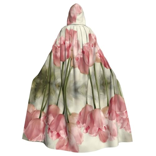 JEJEA Rosa Tulpenaufdruck Hexe Zauberer Kapuzenumhang Erwachsene Halloween Party Umhang für Hexe Vampir Cosplay Kostüm von JEJEA