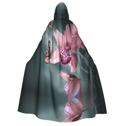 JEJEA Umhang mit Orchidee, Blume, Schmetterling, weich, frühlingsdruck, langer Umhang für Weihnachten, Halloween, Umhang, Kostüme, Kapuzenumhang, Maskerade von JEJEA