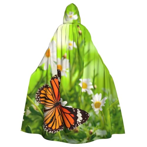 JEJEA Uni Kapuzenumhang mit Schmetterling auf Gänseblümchen, Renaissance, langer Umhang für Halloween, Cosplay-Kostüme von JEJEA