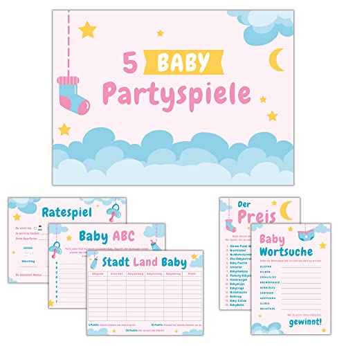 JEKA Babyparty Spiele (Spielset Pink/Blau), Babyshower Spiele Set, 5 witzige Babyparty-Spiele (je 10 Stück), Babyparty Geschenk, Babyparty Karten zum Ausfüllen, Partyspiele Babyshower von JEKA