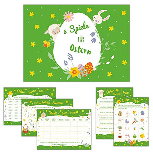 Ostern Spiele Set, 5 witzige Partyspiele Ostern (je 10 Stück), Ostern Geschenk, Spiele zu Ostern, Osterspiele, Ostern-Bingo von JEKA