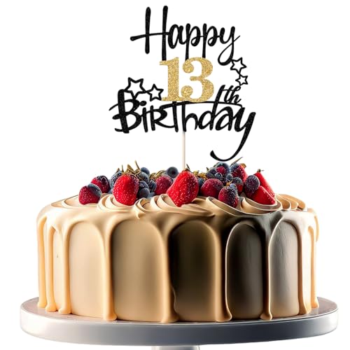 JEKUGOT Kuchendekoration zum 13. Geburtstag, Schwarz und Gold, Glitzer, Kuchendekorationen zum 13. Geburtstag, für Jungen und Mädchen, Motto-Party (1 Stück) von JEKUGOT