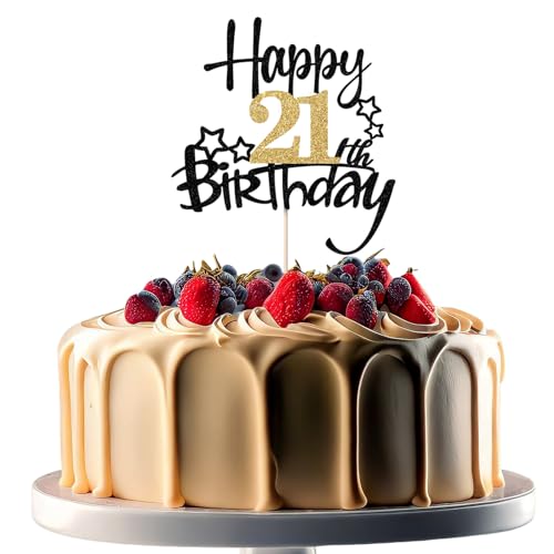 JEKUGOT Kuchendekoration zum 21. Geburtstag, Schwarz und Gold, Glitzer, Kuchendekorationen zum 21. Geburtstag, für Jungen und Mädchen, Motto-Party (1 Stück) von JEKUGOT