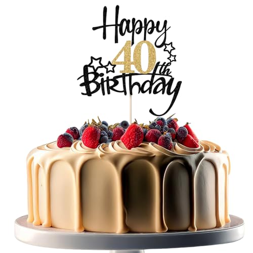 JEKUGOT Kuchendekoration zum 40. Geburtstag, Schwarz und Gold, Glitzer, Kuchendekorationen zum 40. Geburtstag, für Männer und Frauen, Motto-Party (1 Stück) von JEKUGOT